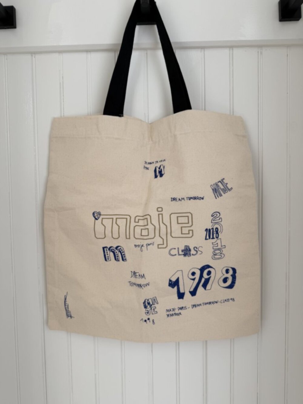 Maje Paris Canvas Logo Tote Bag — Cream, Blue Class of 1998 Print, New